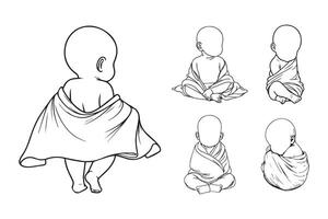 An illustration in line art style features a cute baby posed sweetly with a blanket vector