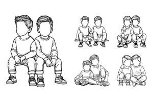 An illustration in line art style depicts twin children in a playful chibi stance vector