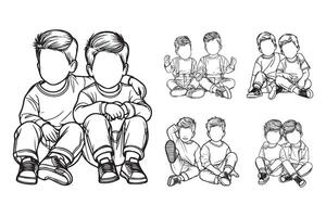 Line art features a cute twin child brother in a loving chibi pose vector