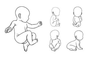 Black and white illustration showcasing a new baby in simple lines vector