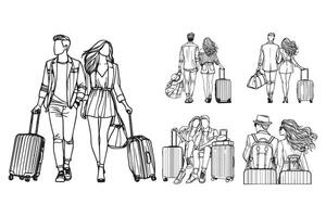 Stylish line art of a couple traveling with a suitcase vector