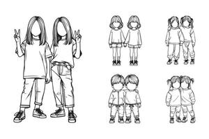 Line art depicting a joyful twin child poses in a black and white illustration vector