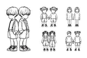 Clipart of a cheerful twin child captured in black and white line art design vector