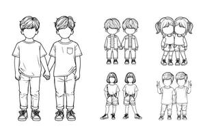 Black and white hand-drawn artwork features a happy twin child in a playful pose vector