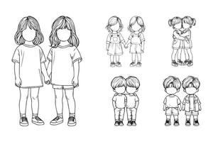 The line art presents a happy twin child in a charming black and white clipart vector