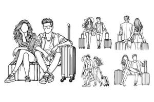 Cheerful pose of a couple depicted with their suitcase vector