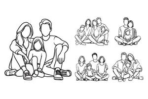 Intimate family gathered together in a relaxed pose showcases cheerful line art vector