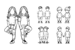 A hand-drawn illustration showcases a happy twin child in line art style vector
