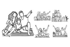 Illustration of a happy family enjoying their holiday in line art style vector