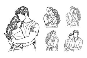 Line art photo of a couple hugging, showcasing their relationship in black and white vector