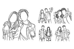 Illustration of a happy friendship scene featuring sign gestures in line art style vector