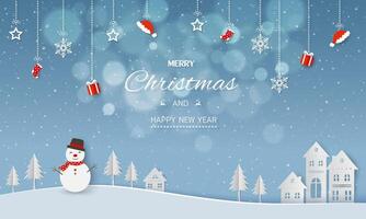 Merry Christmas and Happy new year background with falling snow on winter landscape vector