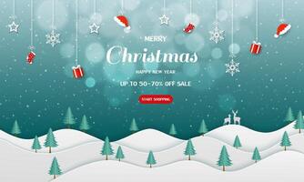 Merry Christmas and Happy new year sale horizontal background with falling snow on winter landscape vector