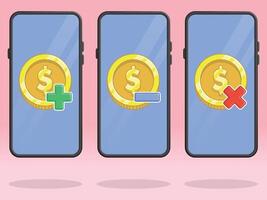 Smartphone Coin Addition Substraction Multiply Sign vector