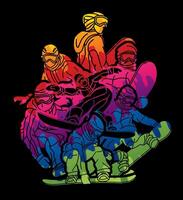 Group of Snowboard Players Snowboarder Mix Action Cartoon Graphic vector