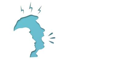 Angry guy screams. Frustrated man with nervous problem. Anxiety, panic and confusion of thoughts. Mental disorder and chaos in consciousness. illustration. Copy space with text. Flat lay. Paper cut. vector