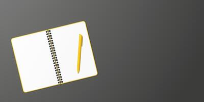Opened yellow notebook and yellow ball-point pen on the left, black background with copy space for your image or text. Minimalist illustration as back to school. Top view, flat lay. vector