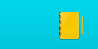 Closed yellow notebook and yellow ball-point pen on the right, turquoise blue background with copy space for your image or text. Minimalist illustration as back to school. Top view, flat lay. vector