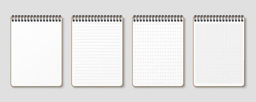 Realistic notepad. Lined, gridded and dotted sheets. Blank sheets of notebook with grid for homework and exercises. Horizontal spiral. Creative illustration mock up diary. vector