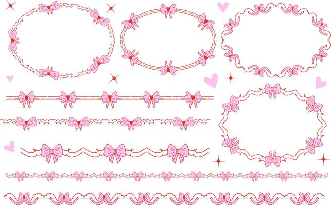Cute coquette Vintage hand drawn victorian frames set with bows elements. Luxury wedding frames borders, Baroque ornament. illustration