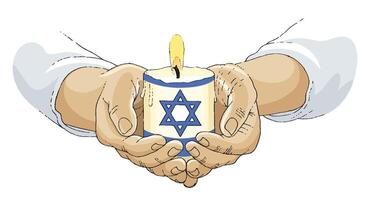 Israel flag on a candle held by hands. Israel flag on a candle held by hands on a white background vector