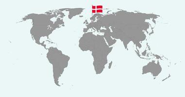 Pin map with Denmark flag on world map. illustration. vector