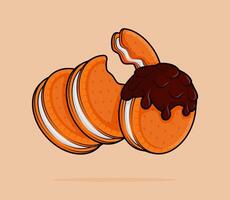 cartoon illustration of vanilla flavored circle shaped biscuits with vanilla flavored cream coated with melted chocolate. can be used for menu, cover, cafe, restaurant, cookbook, ads, print, poster vector