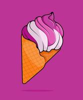 cartoon illustration of half vanilla half strawberry pink flavor in swirl soft ice cream or gelato in waffle cone. can be used for menu, cover, cafe, restaurant, cookbook, ads, print, poster, website vector