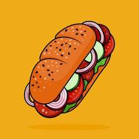 illustration of veggie salad tomato onion ham sausage sandwich with baguette or long bread in line art style. Can be used for restaurants, cafes, local street food, cookbook menu covers vector
