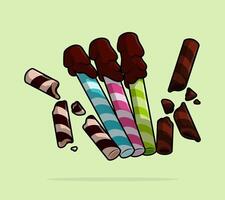 cartoon illustration of Straw wafers with various flavors coated with chocolate. can be used for menu, cover, cafe, restaurant, cookbook, ads, print, poster, website vector