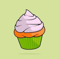 cartoon illustration of cupcake with vanilla icing sugar topping. can be used for menu, cover, cafe, restaurant, cookbook, ads, print, poster, website vector