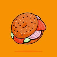 illustration of bagel sandwich filled with fresh raw salmon, onion and cucumber in line art style. Can be used for restaurants, cafes, local street food, cookbook menu covers vector