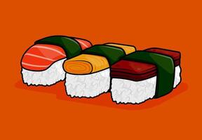 illustration of rice sushi with various toppings in eggs, spam or ham and fresh raw salmon in line art style. Can be used for restaurants, cafes, local street food, cookbook menu covers vector