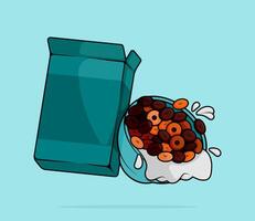 cartoon illustration of rings of vanilla flakes cereal biscuits poured with white milk in a bowl and blue package. can be used for menu, cover, cafe, restaurant, cookbook, ads, print, poster, website vector