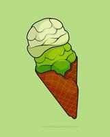 cartoon illustration of two scoops of matcha ice cream on a cinnamon waffle cone. can be used for menu, cover, cafe, restaurant, cookbook, ads, print, poster, website vector