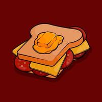 illustration of breakfast sandwich filled with lots of cheese and sliced ham sausage topped with melted butter in line art style Can be used for restaurants, cafes, local street food, cookbook menu vector