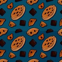 Delightful Line Cartoon Pattern Illustration of Cookies with Chocospis and Dark Chocolate Bar Pieces Perfect for Dessert and Snack Concepts vector