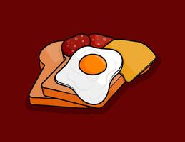 illustration of two toasts with cheese topping, half cooked eggs and pieces of red slice ham sausage in line art style. Can be used for restaurants, cafes, local street food, cookbook menu covers vector