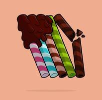 cartoon illustration of Straw wafers with various flavors such as strawberry, vanilla, matcha poured with melted chocolate. can be used for menu, cover, cafe, restaurant, cookbook, ads, print, poster vector