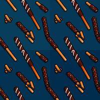 Line cartoon pattern illustration of cookie sticks cut and smeared with rich dark chocolate glaze for indulgent snacking vector