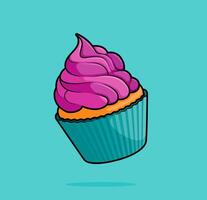 cartoon illustration of cupcake with strawberry pink flavor swirl icing topping. can be used for menu, cover, cafe, restaurant, cookbook, ads, print, poster, website vector
