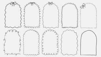 Set of whimsical wavy doodle frames with bows. Border with elegant outline loop for greeting cards. Symbol wedding celebration and birthday party decorations vector