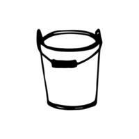 Hand-drawn black outline simple sketch. Bucket with pen isolated on a white background. Household items, garden tools, watering. vector