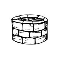 Hand-drawn illustration with black outline. Antique stone round well isolated on a white background. Water source. Brickwork. vector