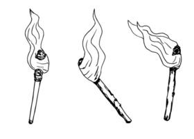 Hand-drawn set of black outline on a white background. Burning torches, primal fire, lighting, flames of various shapes. Simple drawing, sketch. vector