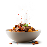 Delicious Beef Stew with Vegetables and Gravy Splash in White Bowl png