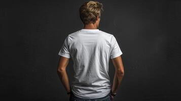 Back view of a man in a white t-shirt standing in front of a black wall photo