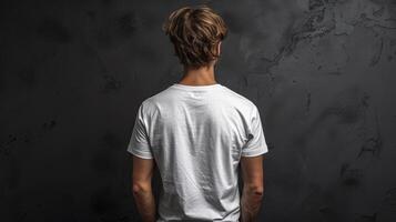 Back view of a man in a white t-shirt standing in front of a black wall photo