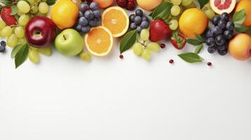 Fresh fruits and vegetables on white background photo