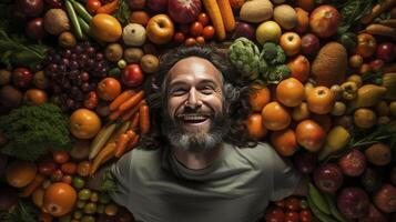 A man is surrounded by a pile of vegetables photo